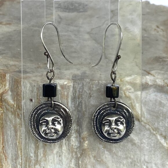 Sterling Silver Moon Face Disc Black Glass Beaded French Wire Dangle Earrings - Picture 1 of 16